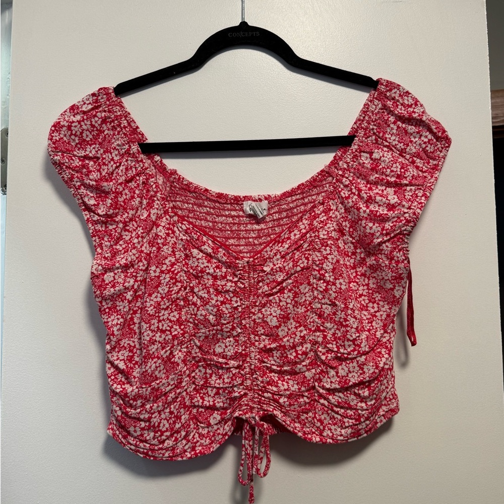 Japna Red Floral Ruched Crop Top